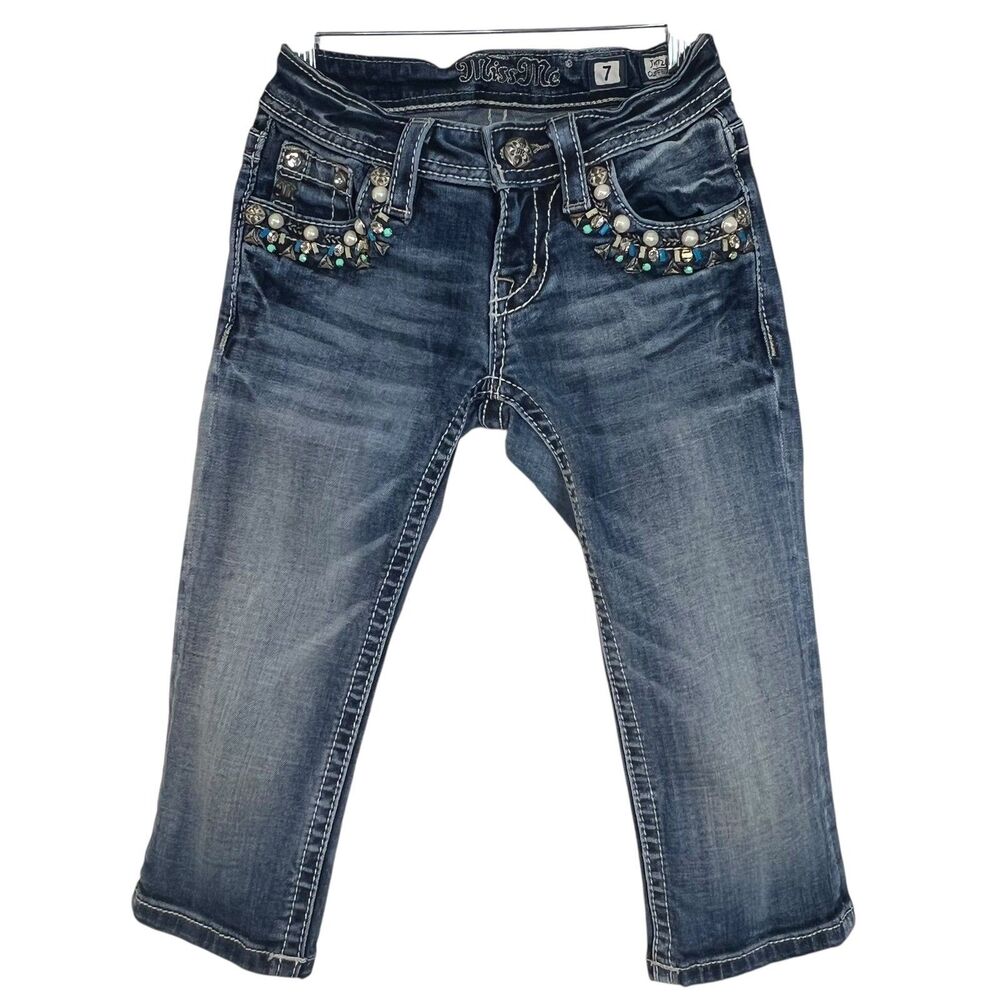 Miss Me Girls Cuffed Capri Jeans Size 7 Embellished Pockets Medium Wash